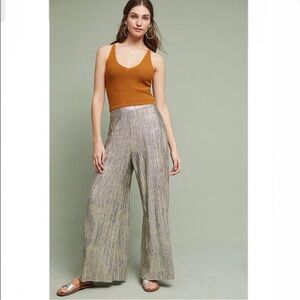 Anthropologie Glistened Silver Palazzo Pants Wide Leg Texture Metallic Size S